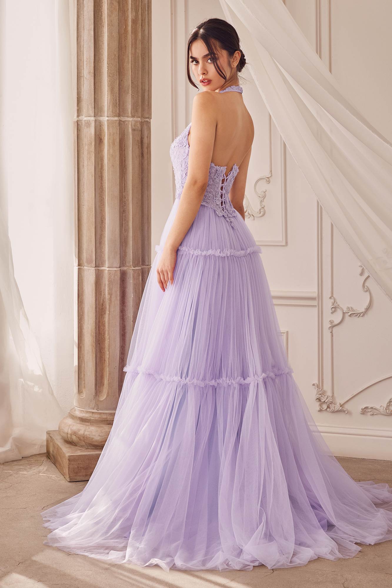 Lavender lace halter A-line gown with tiered tulle skirt and open-back detail