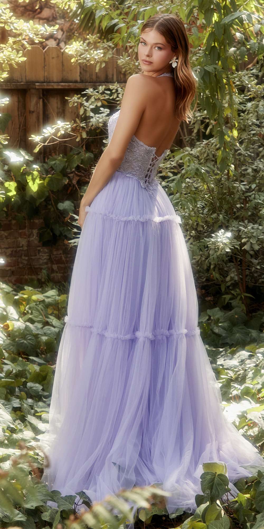 Lavender lace halter tiered A-line gown with flowing tulle skirt