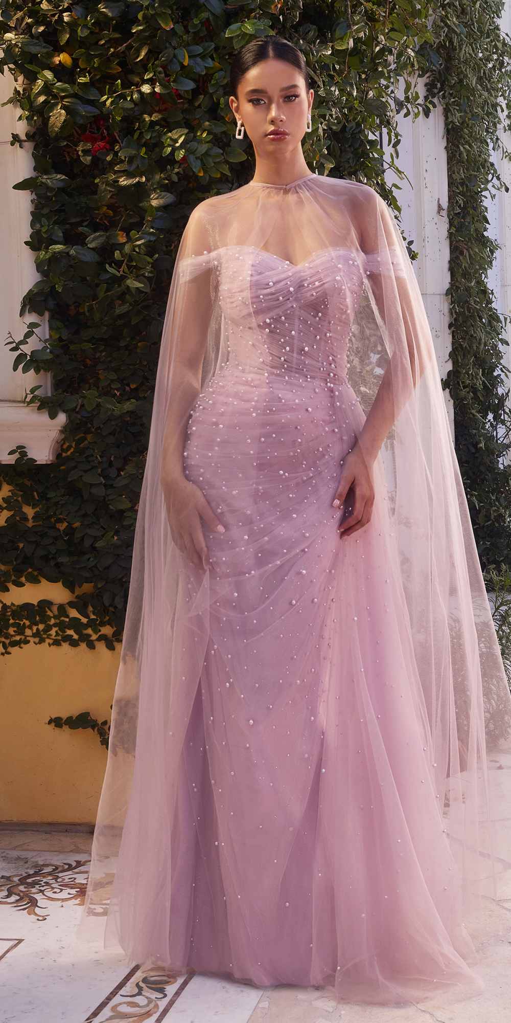 Blush pink pearl beaded tulle floor-length gown with cape overlay