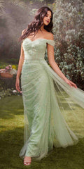 Sage green pearl-embellished tulle floor-length gown with draped cape