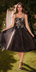 Black tea-length A-line tulle dress with lace bodice and spaghetti straps