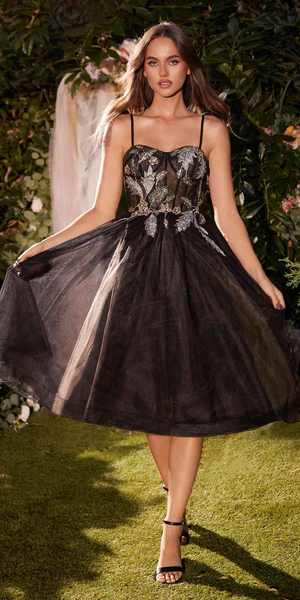 Black tea-length A-line tulle dress with lace bodice and spaghetti straps