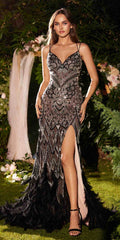 Black sequin-and-bead mermaid gown with spaghetti straps and thigh slit