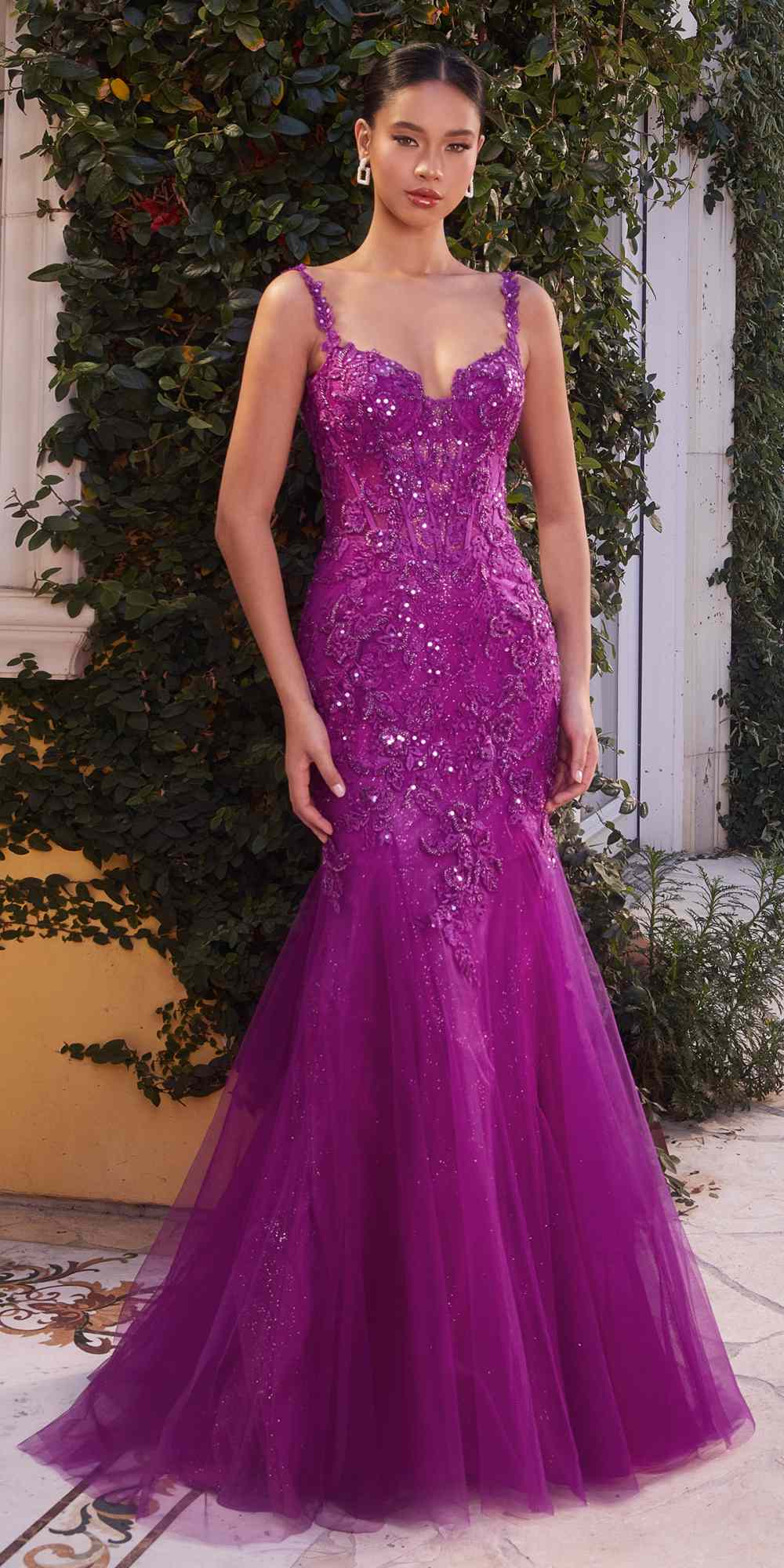Purple sequin mermaid gown with sweetheart neckline and fitted lace bodice, full length