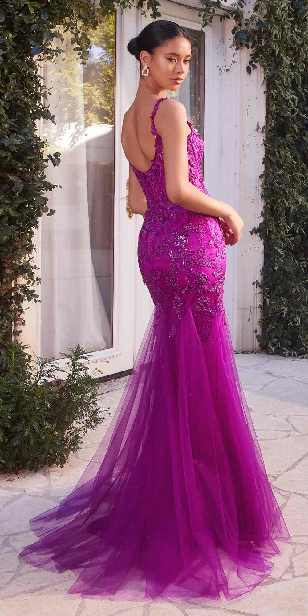 Purple sequin lace mermaid gown with sweetheart neckline, thin straps, and tulle skirt