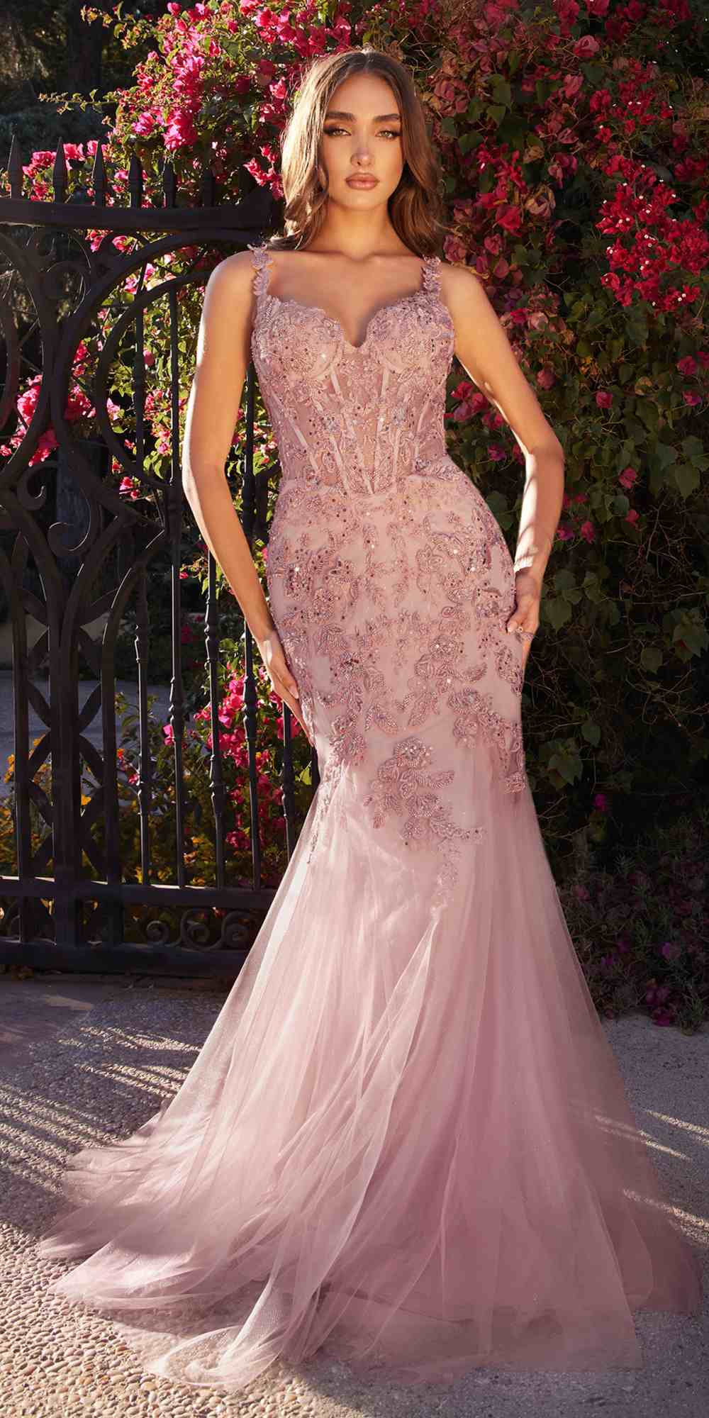 Dusty rose lace and tulle mermaid gown with sweetheart neckline and fitted bodice