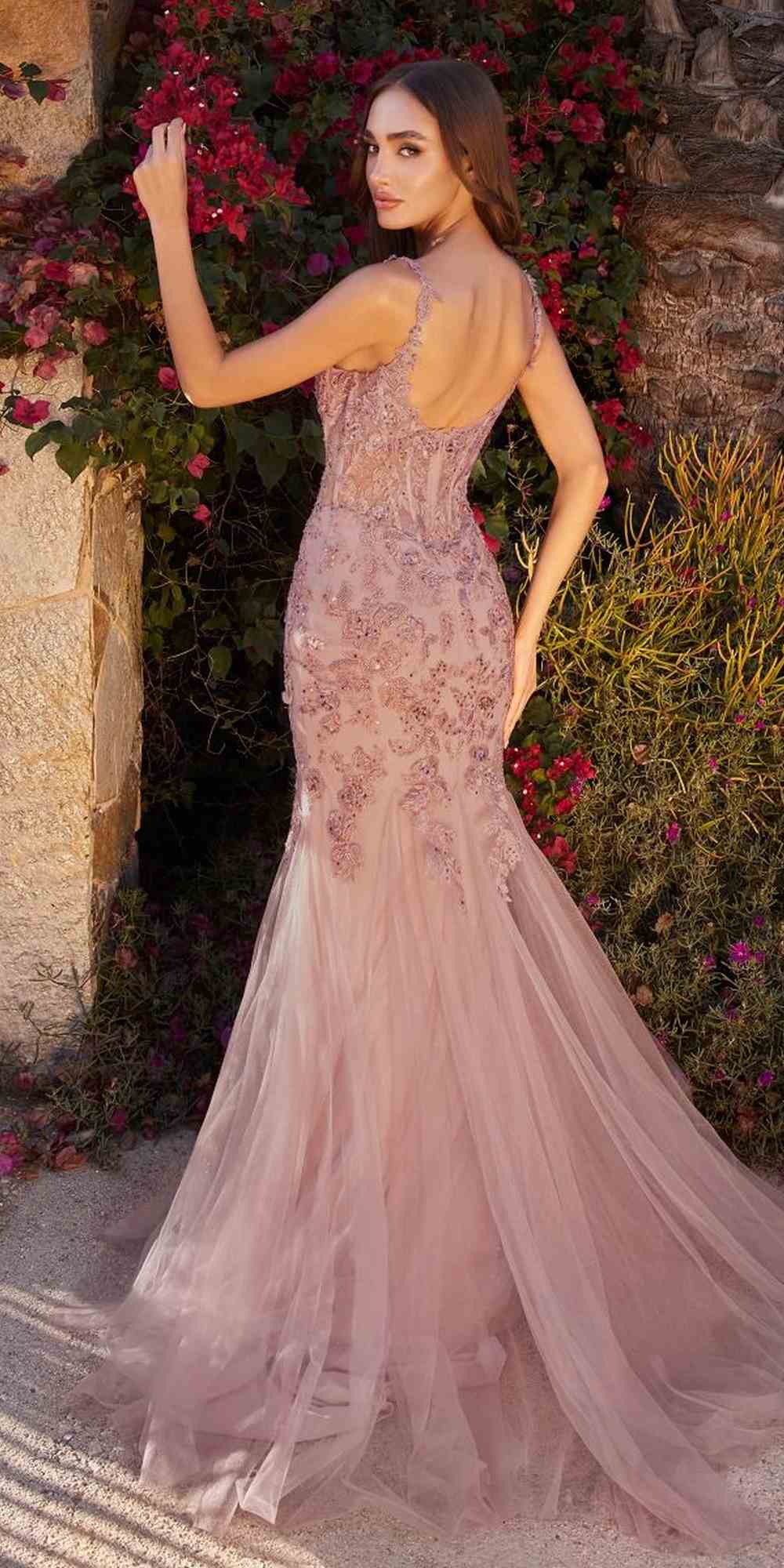Dusty rose lace and tulle mermaid gown, fitted bodice and flared tulle hem, side pose
