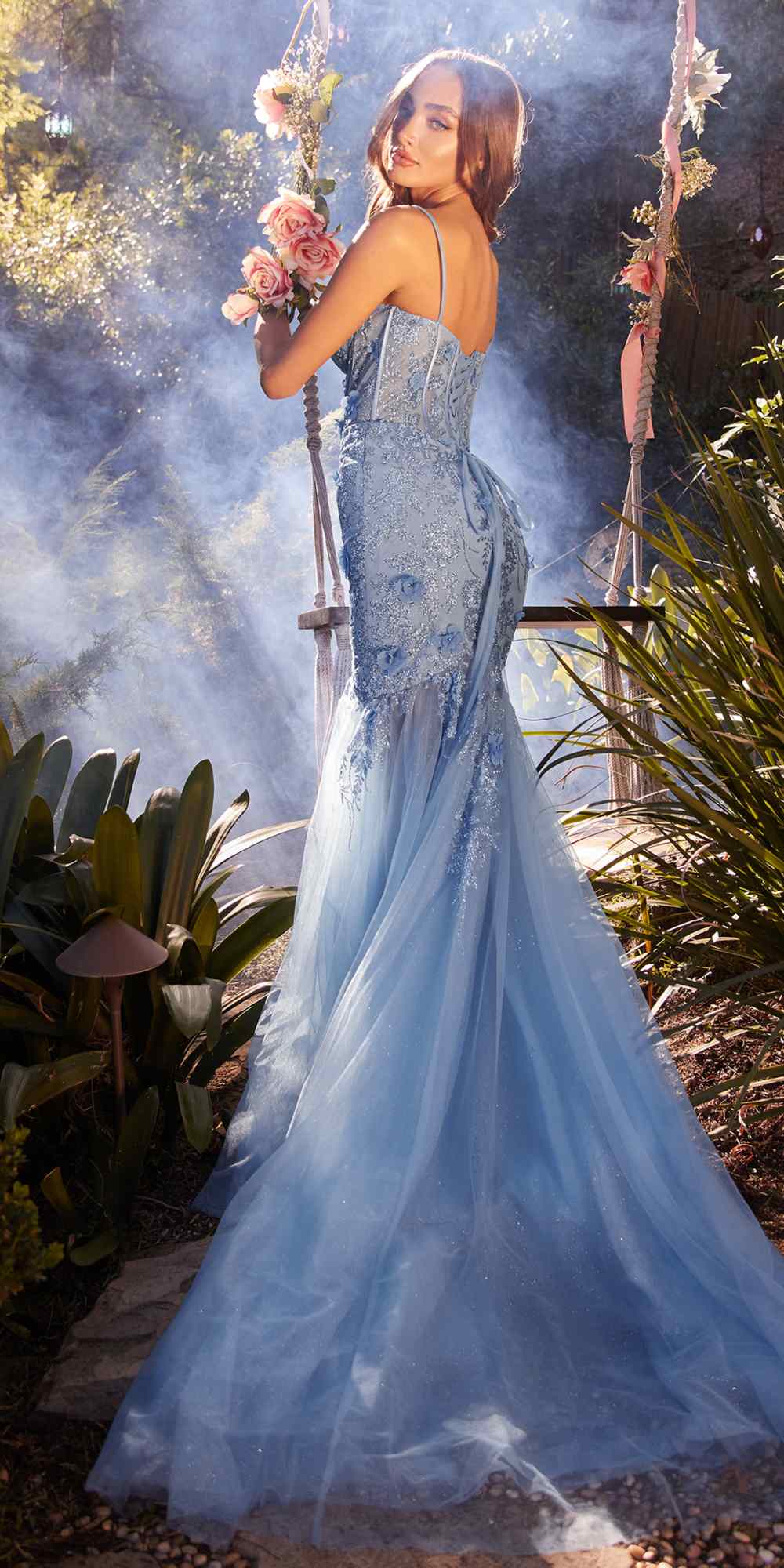 Blue glitter tulle trumpet gown, spaghetti straps, corset bodice, flared skirt