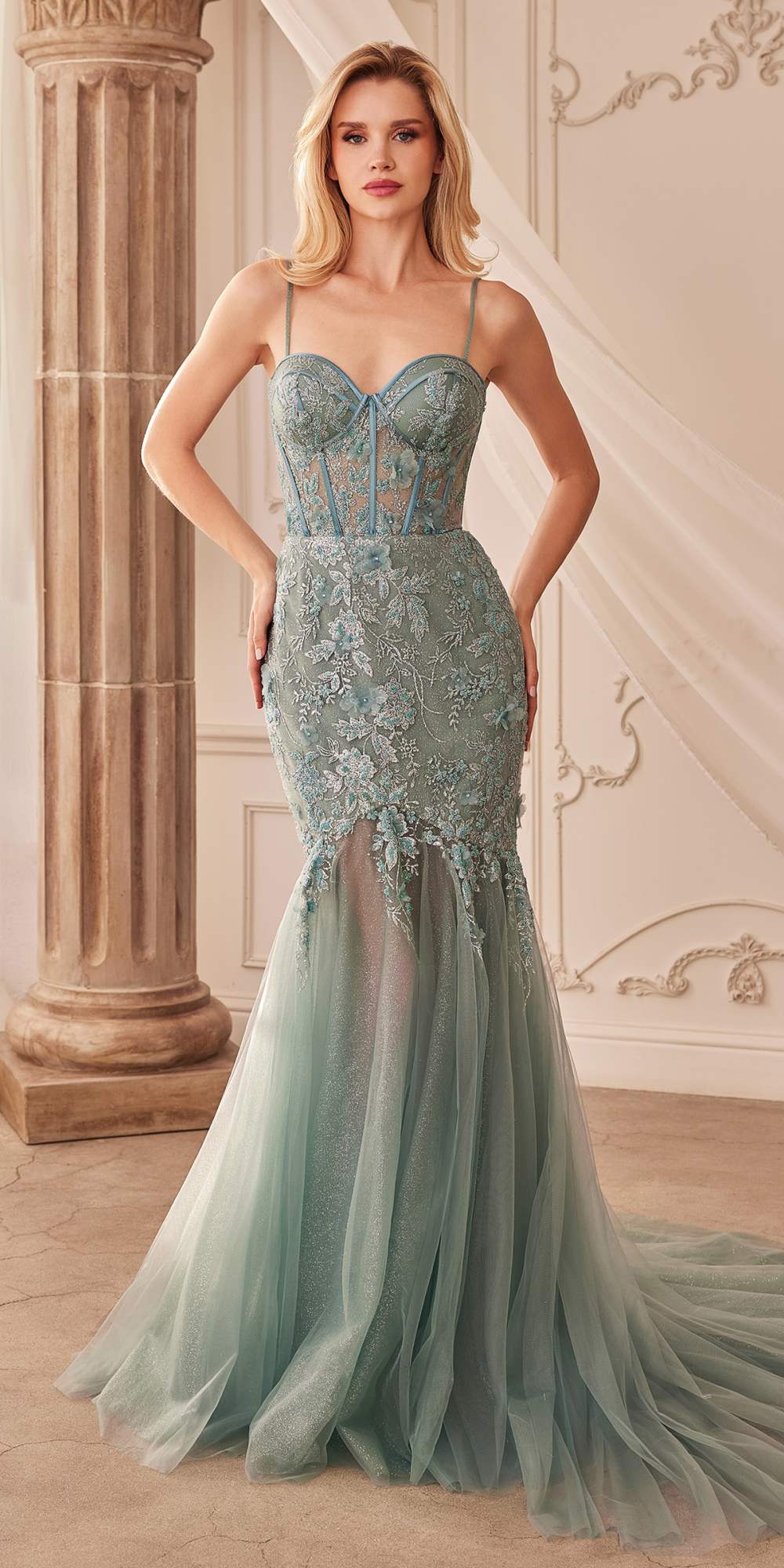 Teal glitter tulle trumpet gown with sweetheart neckline and lace-up corset bodice