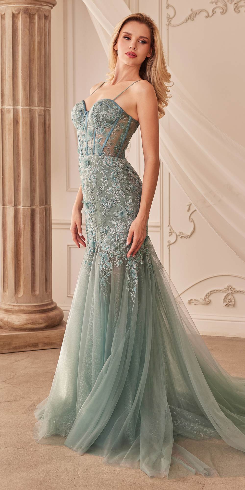Teal glitter tulle mermaid gown with sweetheart neckline and fitted lace bodice