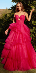 Azalea-pink tiered tulle ball gown with keyhole bodice and ruffled tier skirt