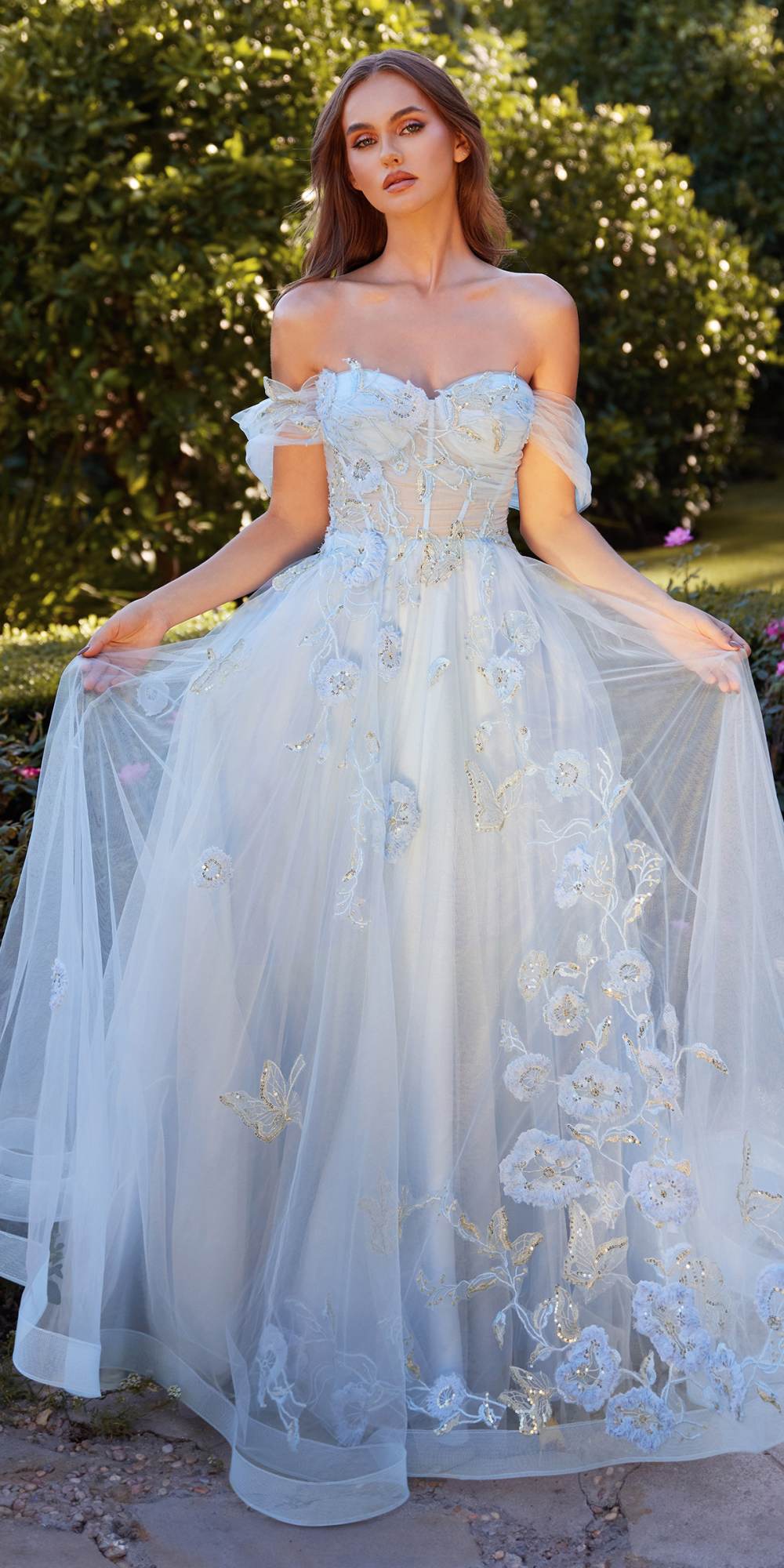 Dusty blue off-shoulder tulle ball gown with floral appliques and fitted bodice
