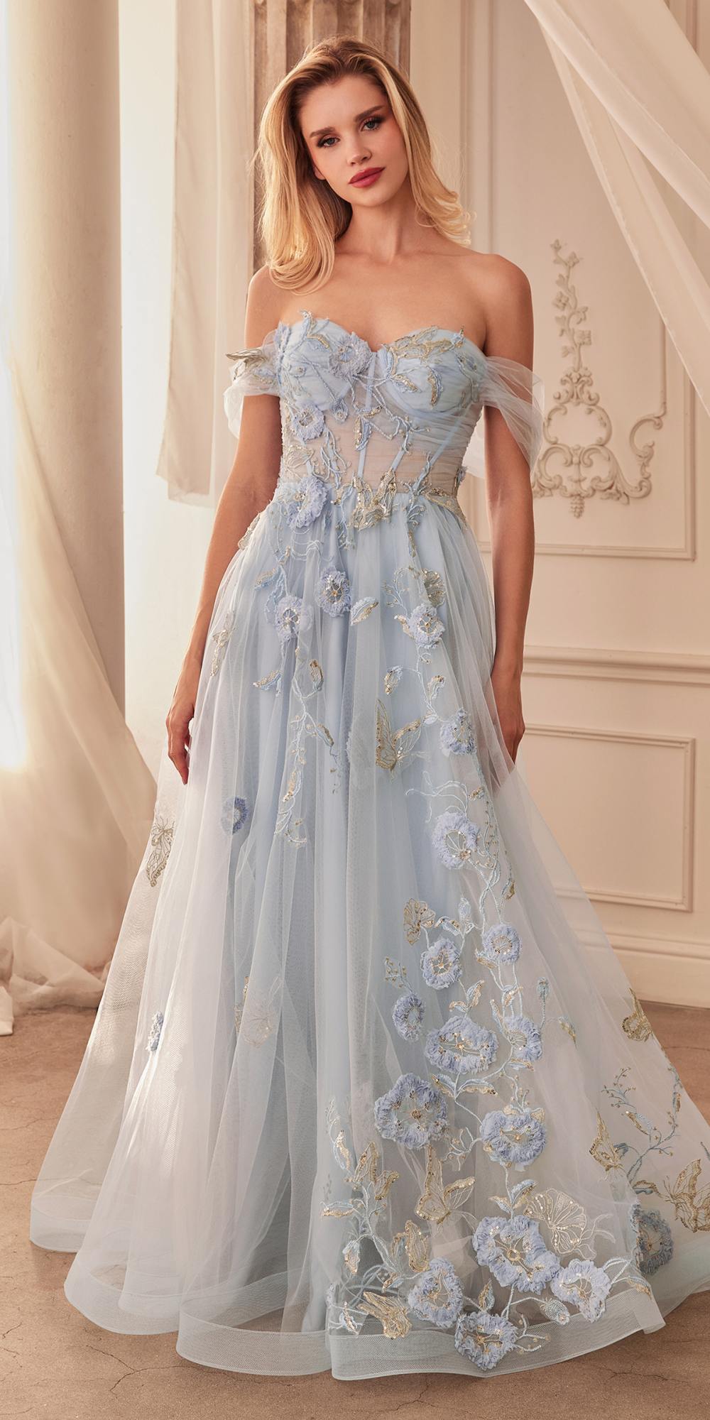 Dusty blue off-shoulder tulle ball gown with floral appliques and layered skirt
