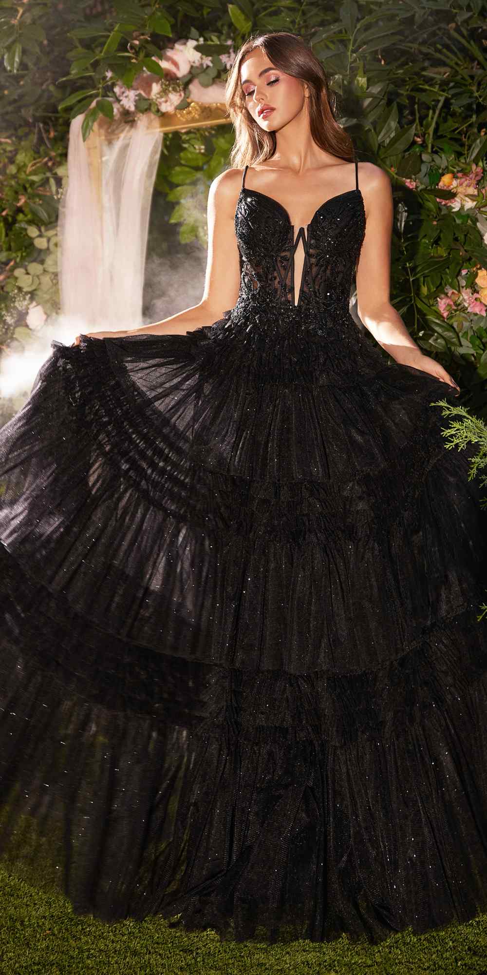Black princess ball gown with embellished corset bodice and layered tulle skirt