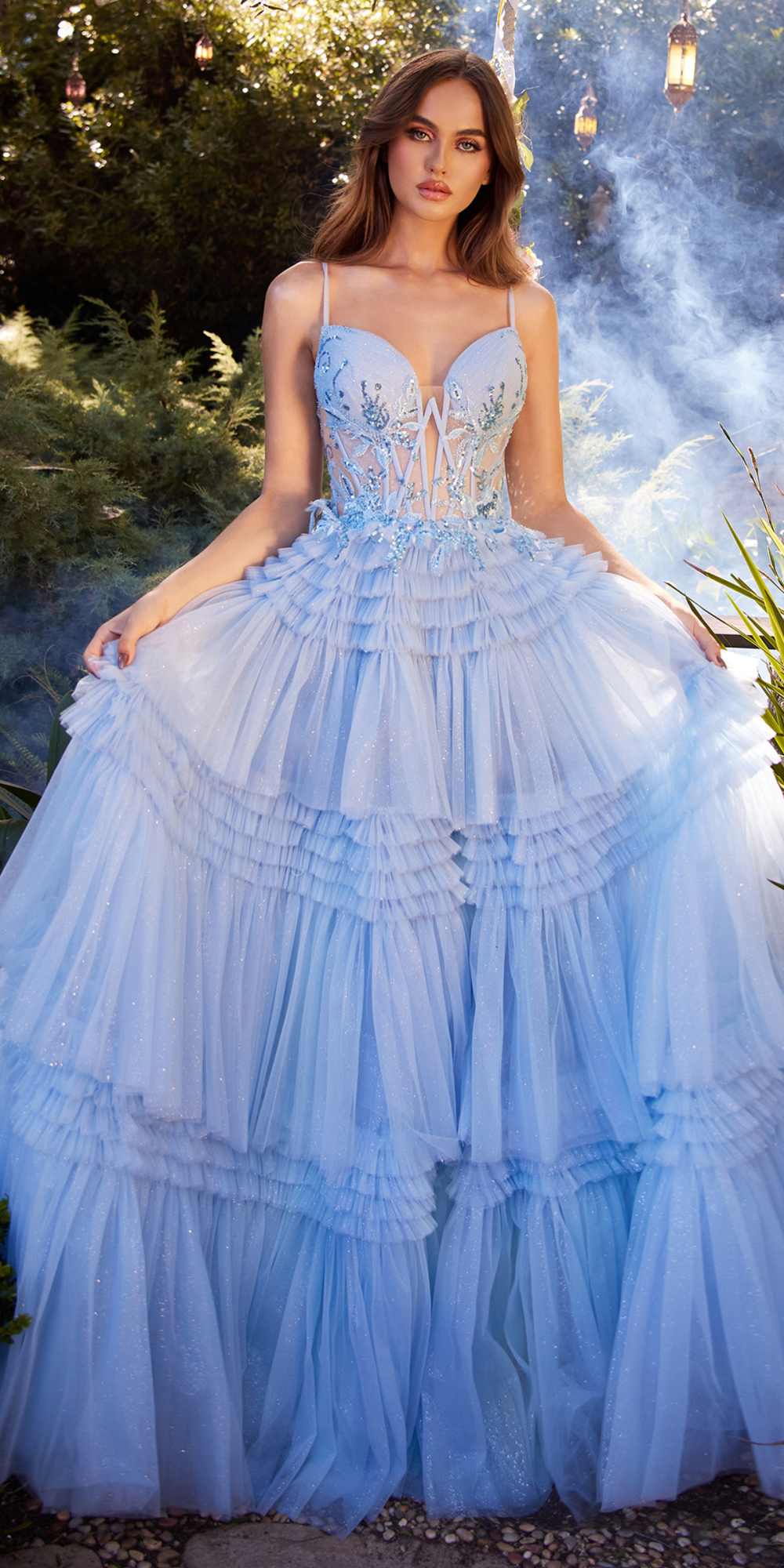 Light blue princess ball gown with sweetheart corset bodice and tiered tulle skirt