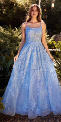 Long blue lace-embellished tulle A-line dress with spaghetti straps