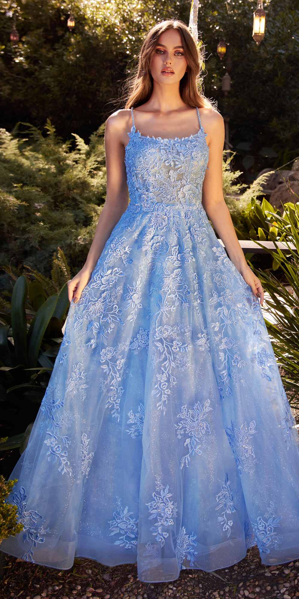 Long blue lace-embellished tulle A-line dress with spaghetti straps