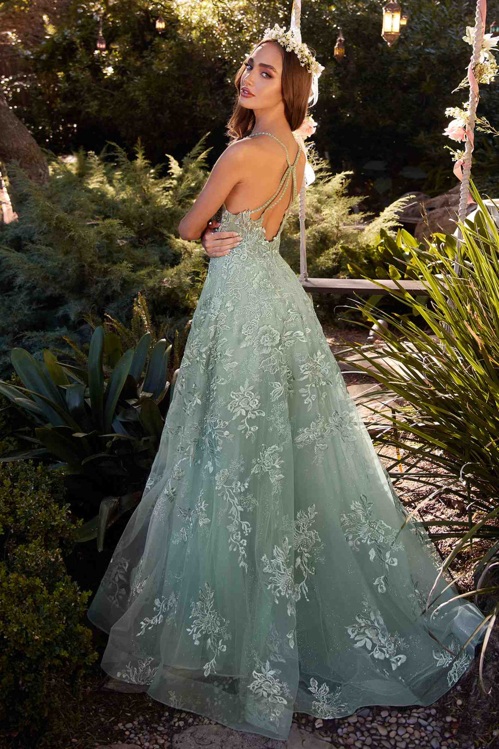 Long sage green lace-embellished tulle A-line dress, side view, thin straps