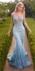 Sea-mist blue lace mermaid gown with V-neck and spaghetti straps, fitted at hips