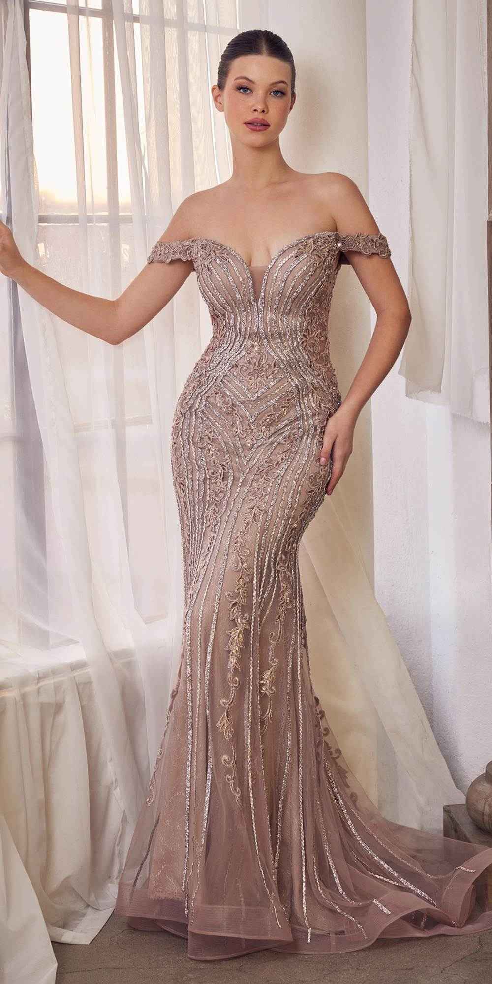 Dusty mauve embellished off-shoulder long gown with fitted mermaid silhouette