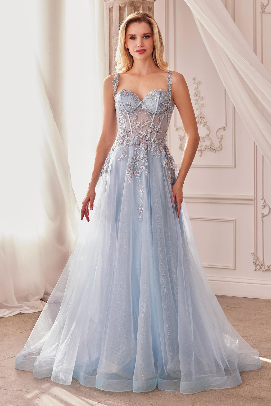 Dusty blue embellished tulle A-line ball gown with sweetheart bodice and full skirt