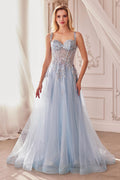 Dusty blue embellished tulle A-line ball gown with sweetheart bodice and full skirt