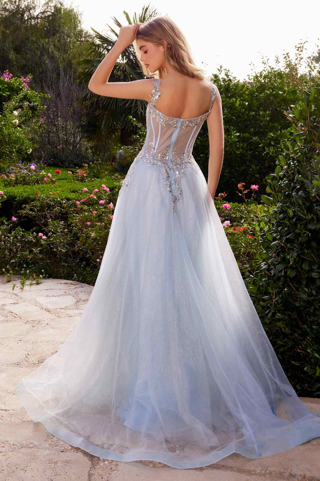 Dusty blue long A-line tulle ball gown with embellished straps and sweetheart neckline