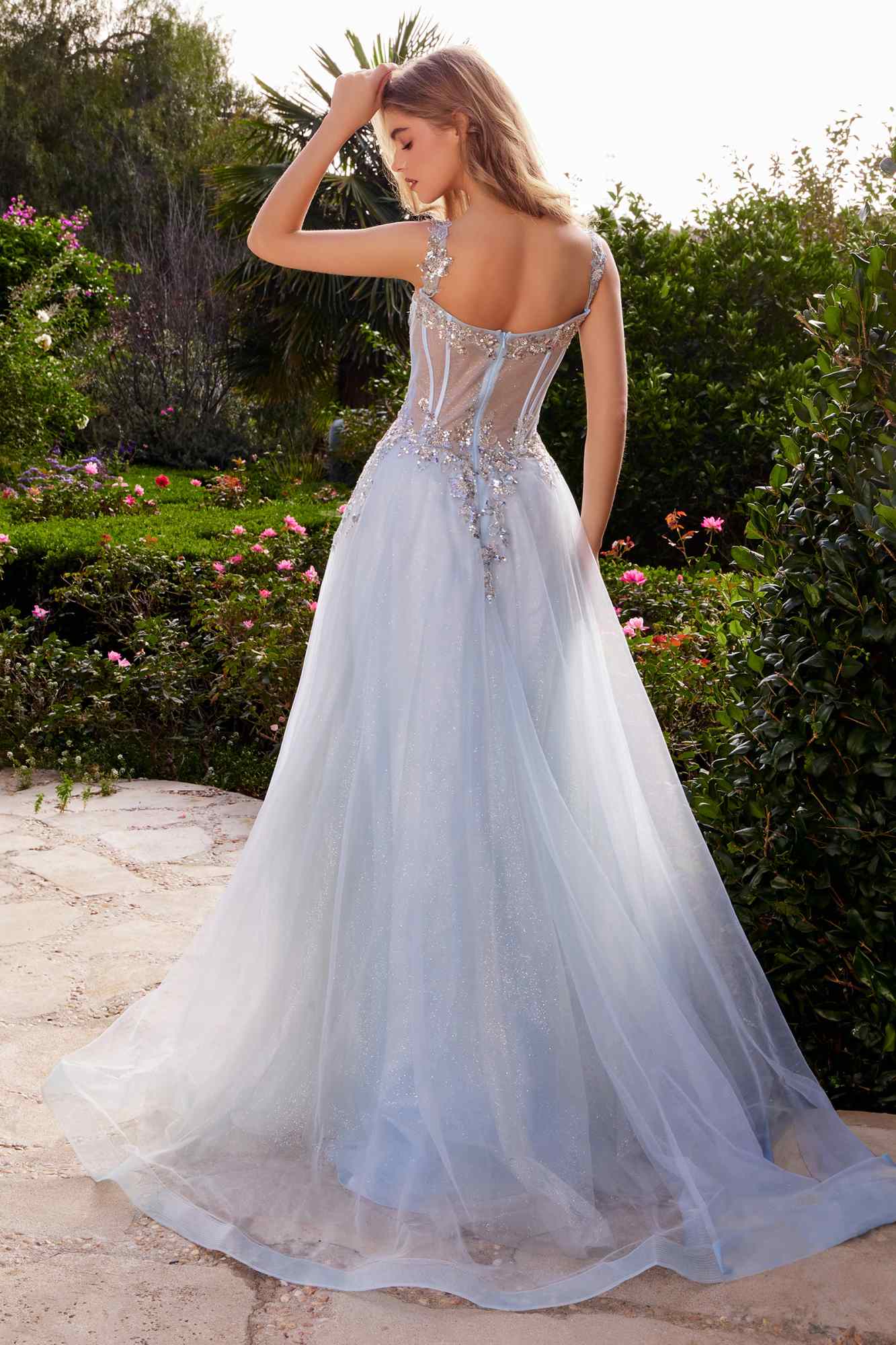 Dusty blue long A-line tulle ball gown with embellished straps and sweetheart neckline