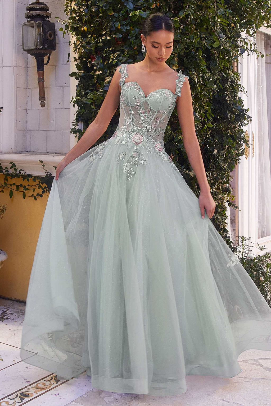 Dusty blue embellished tulle ball gown with sweetheart neckline and flowing A-line skirt