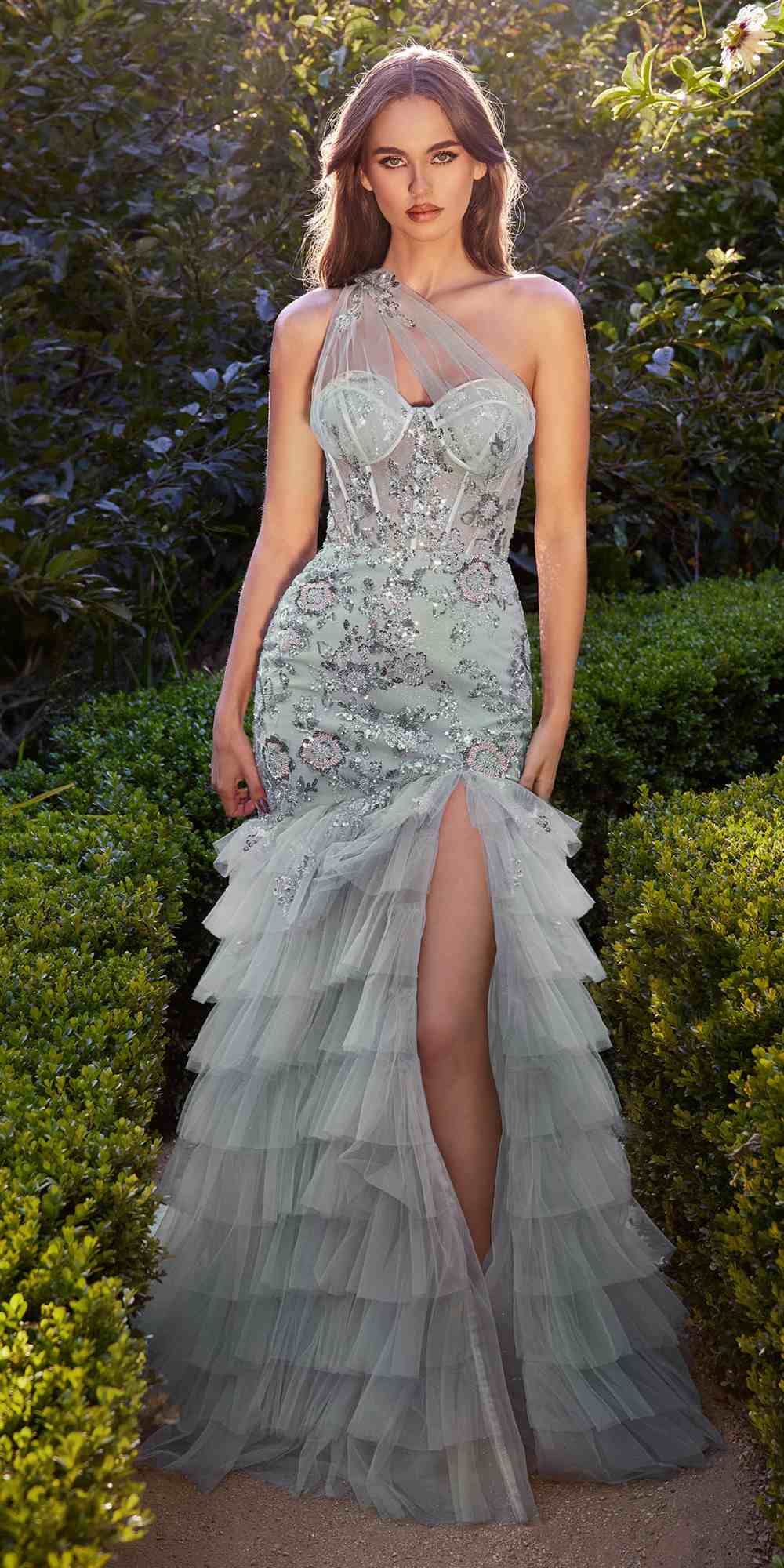 Sage green one-shoulder tulle mermaid gown with layered ruffle skirt and slit