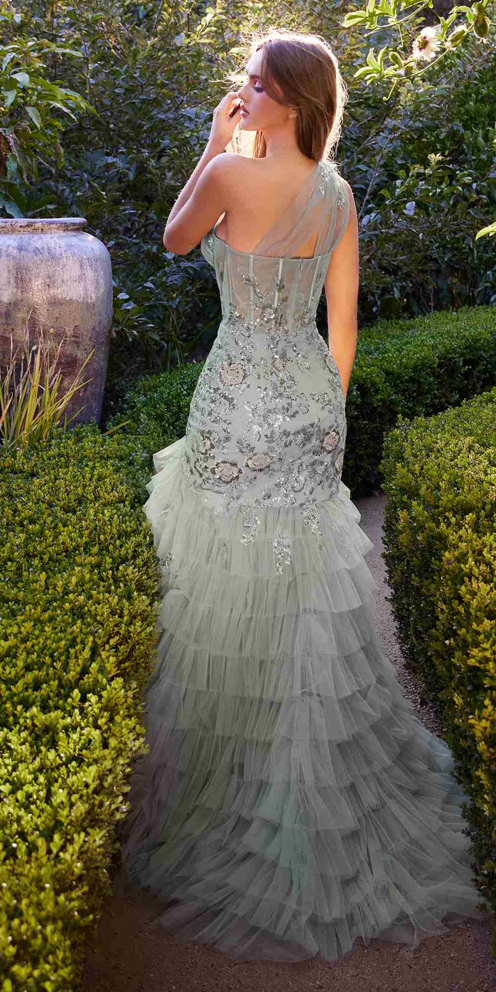 Sage green one-shoulder embellished tulle mermaid gown, layered back tiers