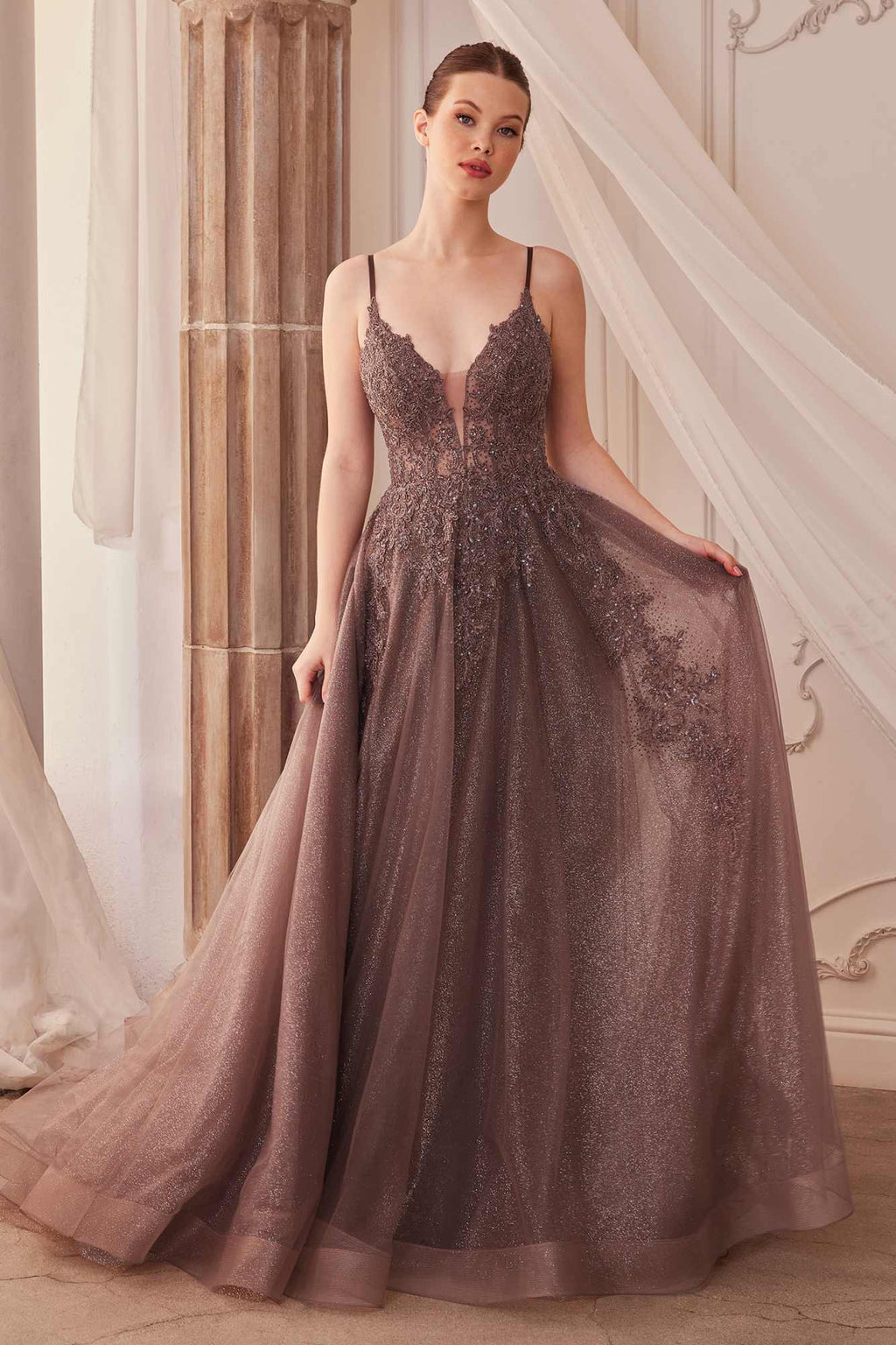 Embellished lace tulle A-line gown with V-neck and spaghetti straps, long flowing skirt
