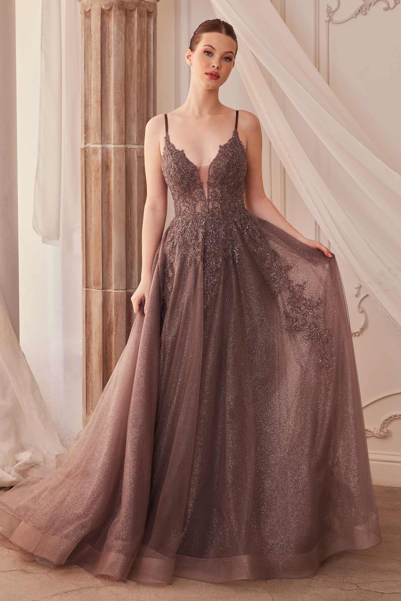 Embellished lace tulle A-line gown with V-neck and spaghetti straps, long flowing skirt