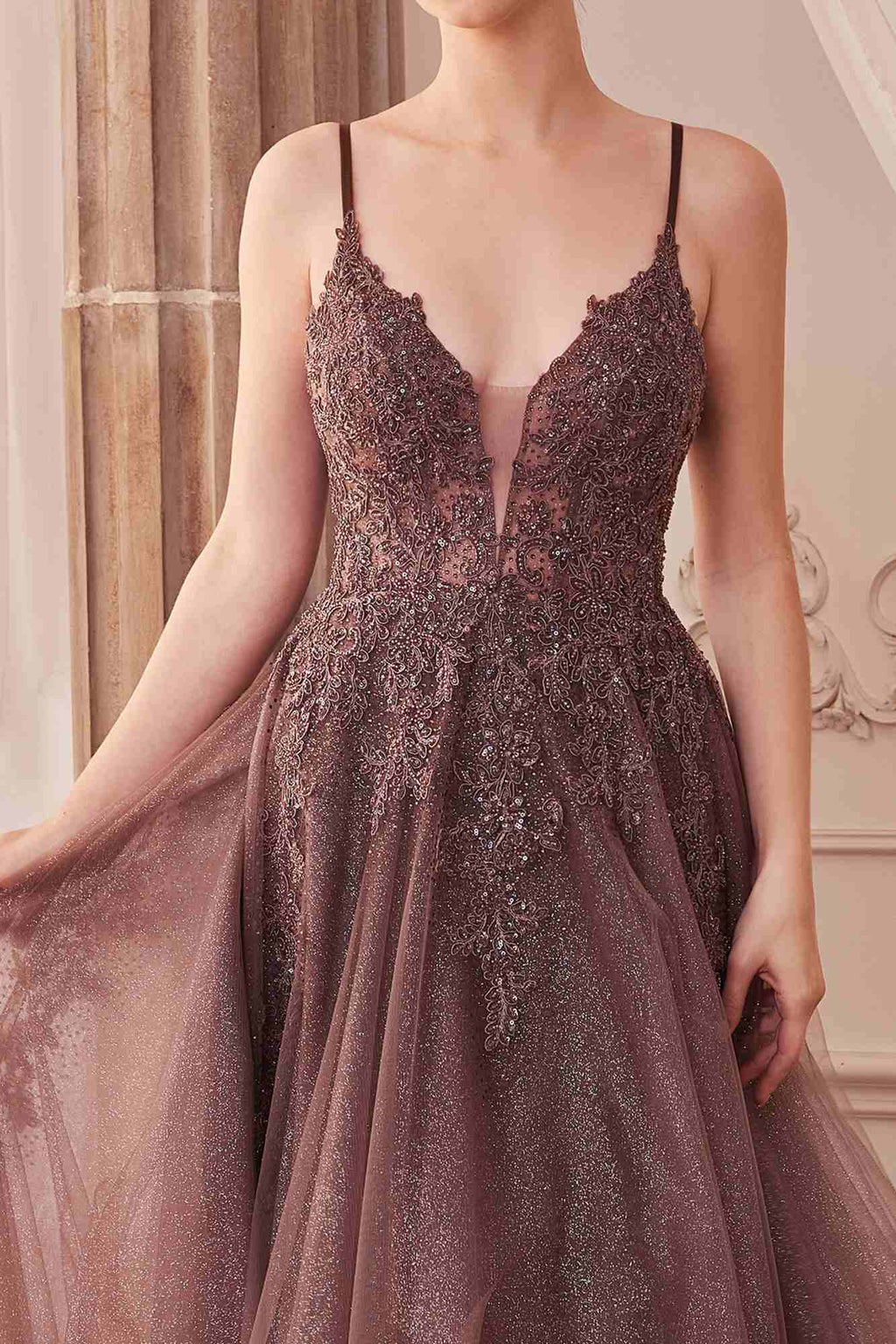 Sparkly lace tulle A-line gown with lace V neckline and thin shoulder straps