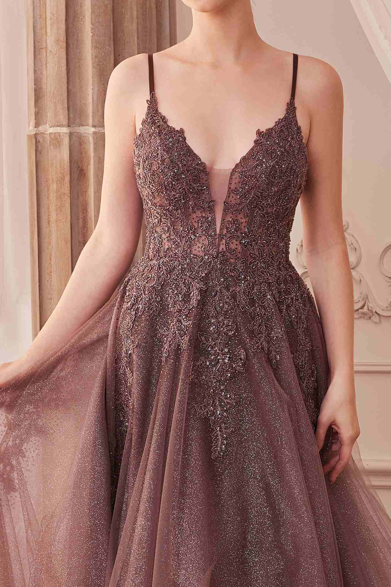 Sparkly lace tulle A-line gown with lace V neckline and thin shoulder straps
