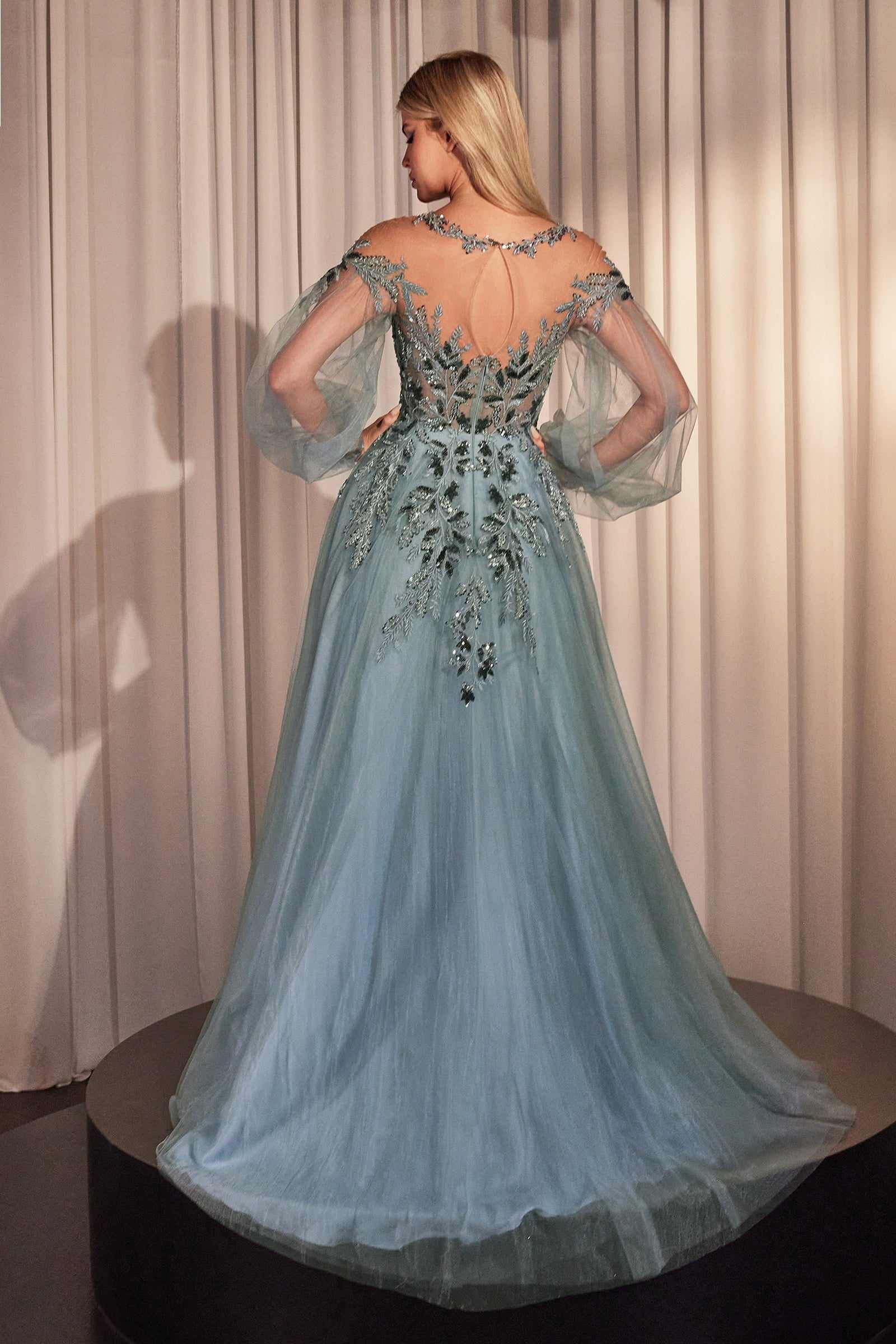 Back view teal A-line tulle lace gown with long sheer sleeves and floral beading