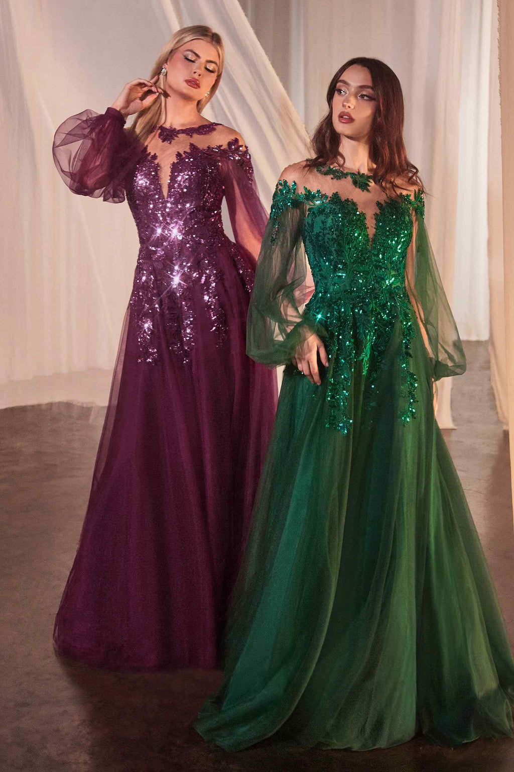 Pair of sequin tulle A-line gowns: purple and emerald green with sheer sleeves