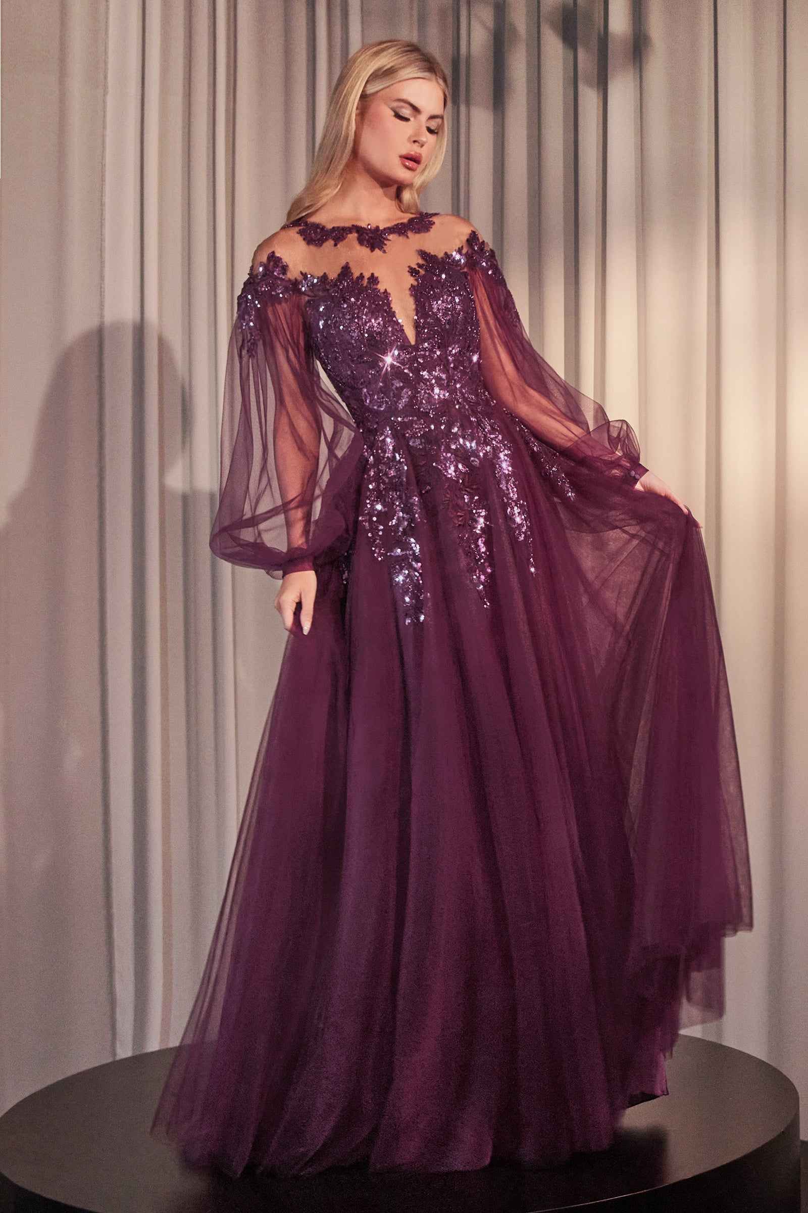 Purple A-line tulle lace gown with off-shoulder beaded bodice and sheer sleeves