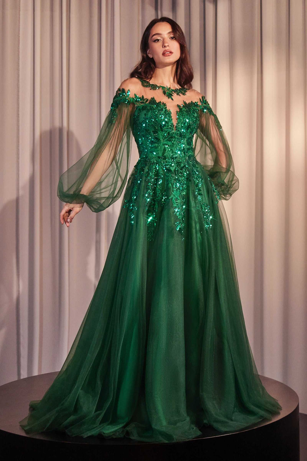 Emerald green A-line tulle lace gown with long sheer sleeves and sparkling beading