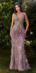 Lavender V-neck formal gown with beaded bodice and feather fringe skirt, sleeveless