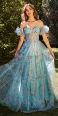 Blue off-the-shoulder sheer bodice A-line gown with corset detail and ruffled puff sleeves
