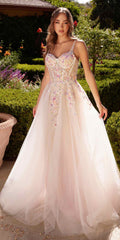 Long A-line dress in white with multicolored floral embellishments, spaghetti straps