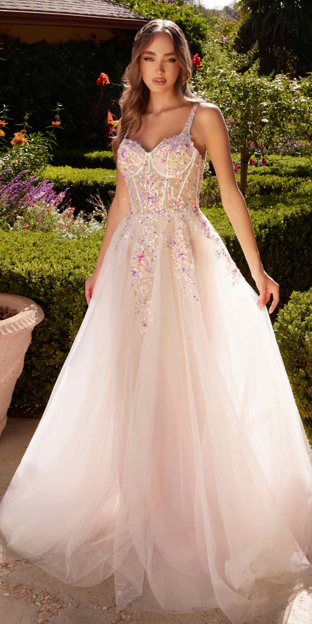 Long A-line dress in white with multicolored floral embellishments, spaghetti straps