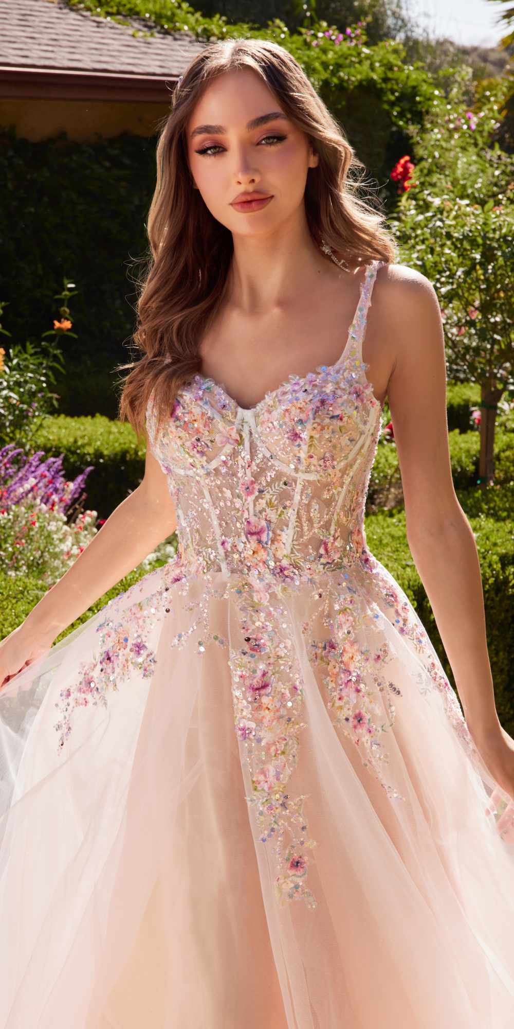 Front view long A-line dress in white with multicolored floral beaded bodice and straps