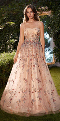 Champagne one-shoulder embroidered A-line gown with floral pattern, long length.