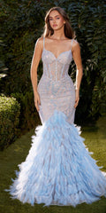 Light blue beaded mermaid gown with faux feather train and spaghetti straps