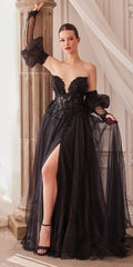 Black strapless glitter tulle A-line gown, puff sleeves, front slit