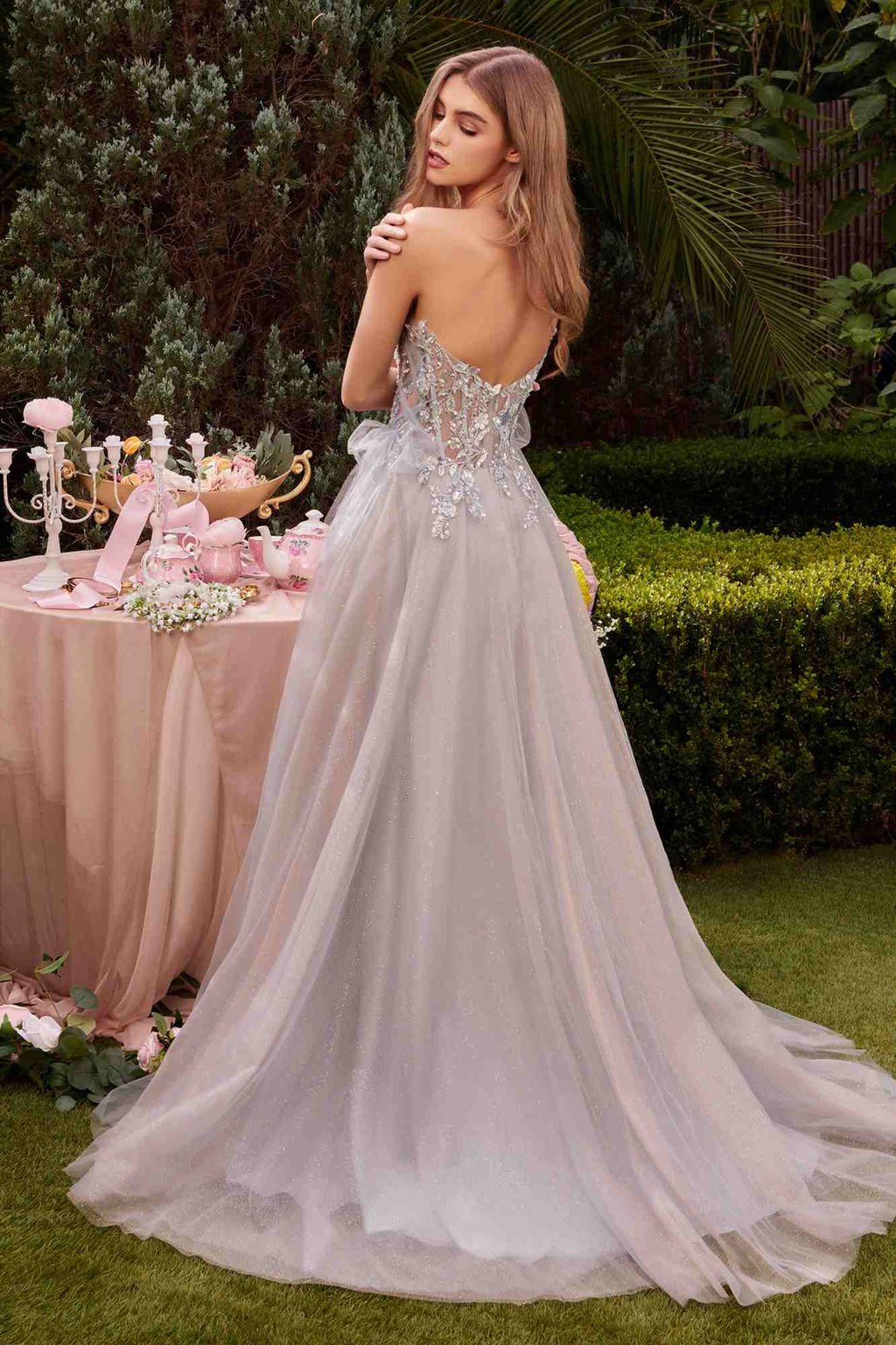 Haze blue strapless glitter tulle A-line gown with delicate beaded appliques