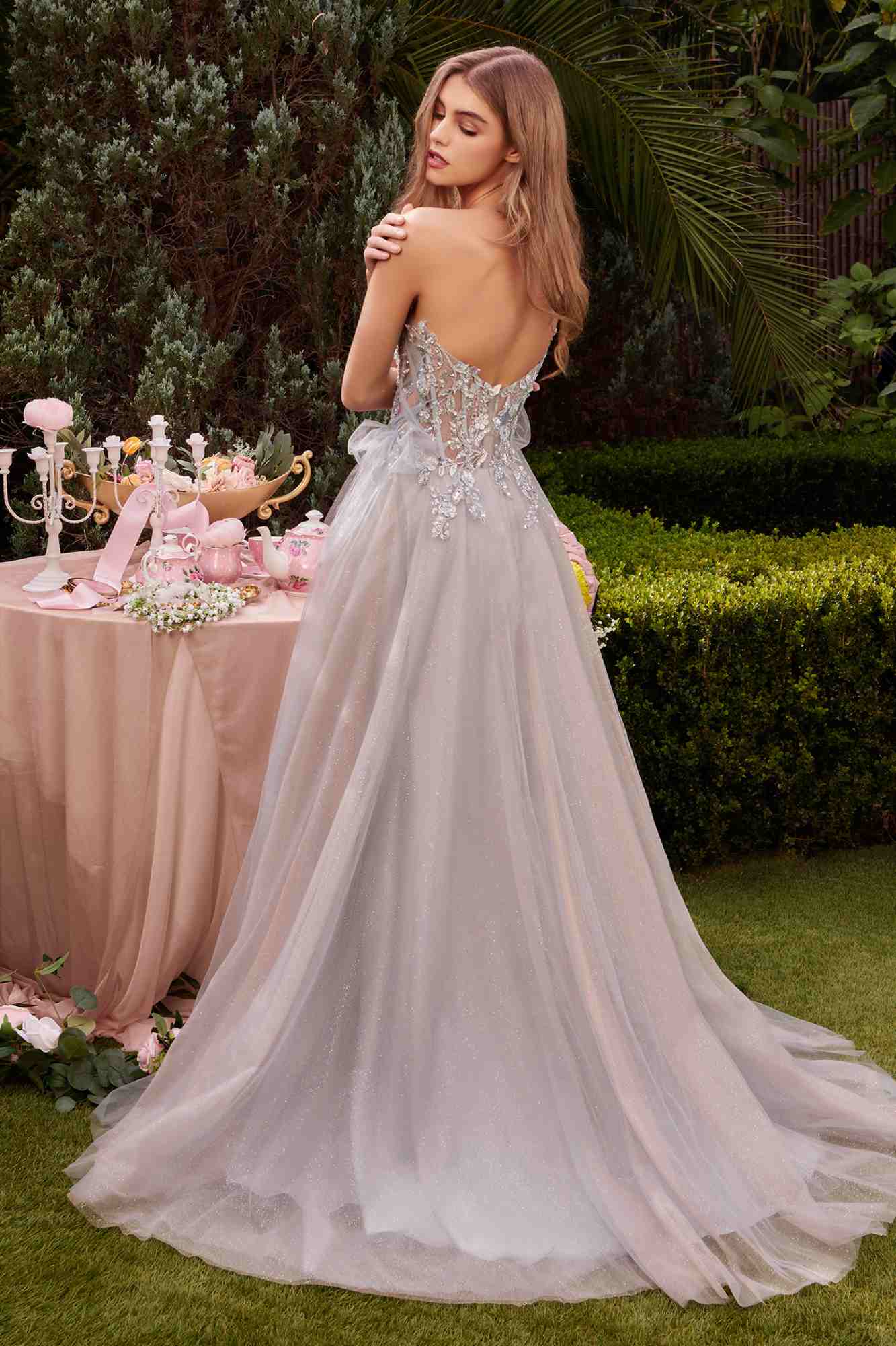 Haze blue strapless glitter tulle A-line gown with delicate beaded appliques