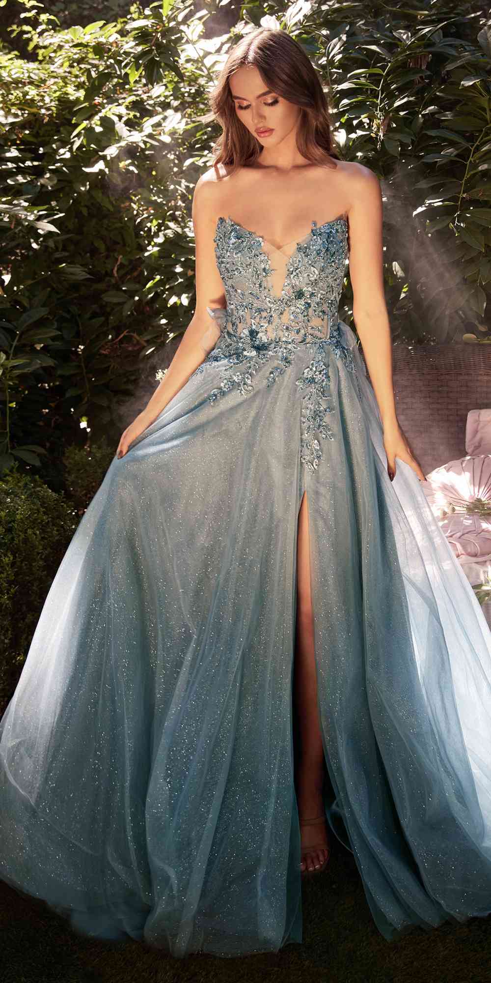 Haze blue glitter tulle A-line gown with corset bodice and full skirt
